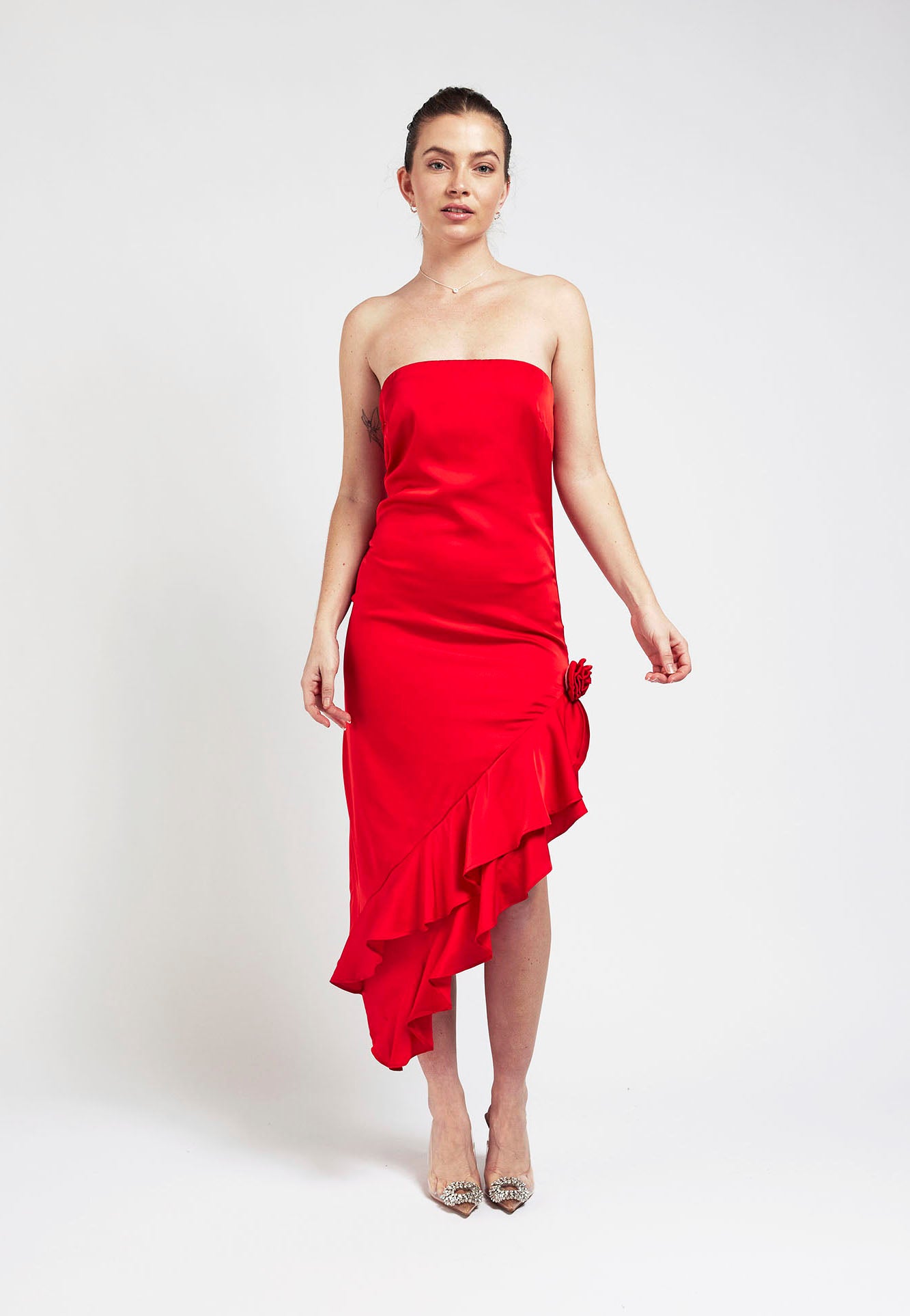 Arya Asymmetric Ruffle Dress - red