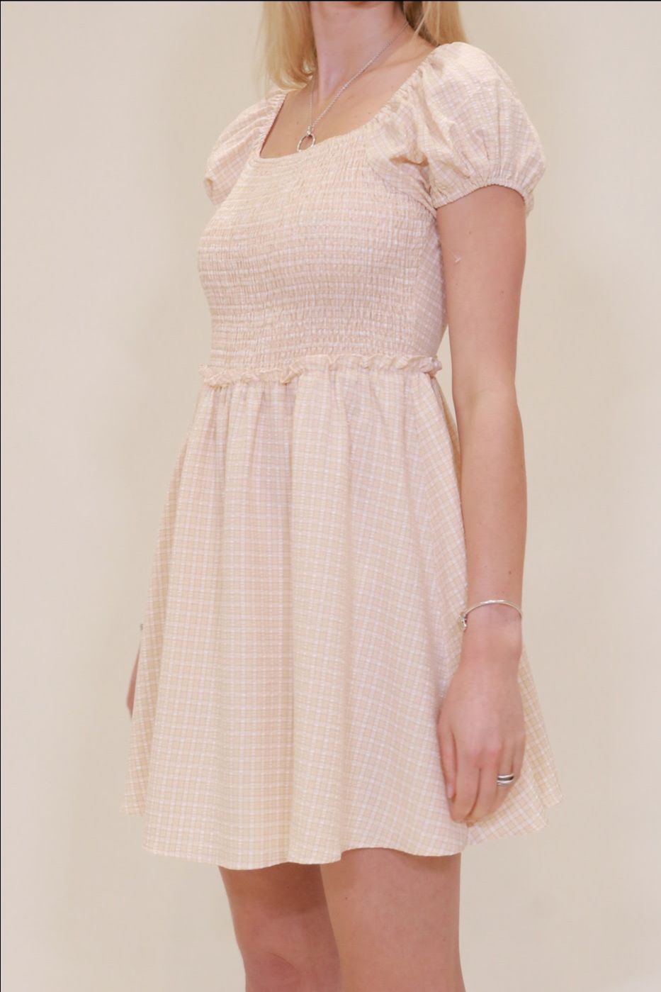 Amara Smocked Mini Dress - beige